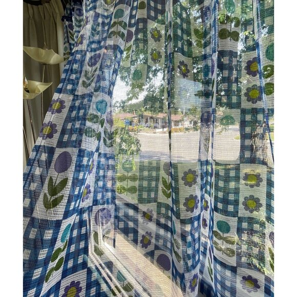 Vintage 70s curtain with pompoms, blue purple green floral, pair or single panel - Picture 3 of 10
